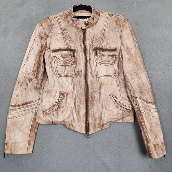 Bagatelle Jacket Womens Large Pink Distressed Leather Moto Zip Pockets Cuff Zips - Picture 1 of 11
